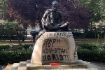 Mahatma Gandhi Statue in London pictures, Mahatma Gandhi Statue in London breaking, iconic gandhi statue vandalised near london university, Pictures